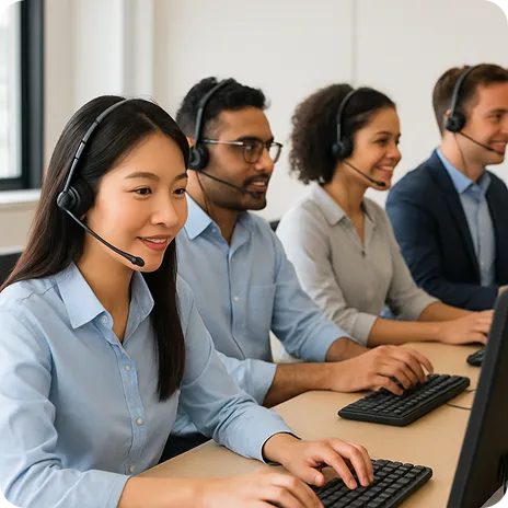 Multiple people in a call center answering calls.