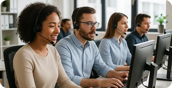 Multiple people answering calls in a call center.